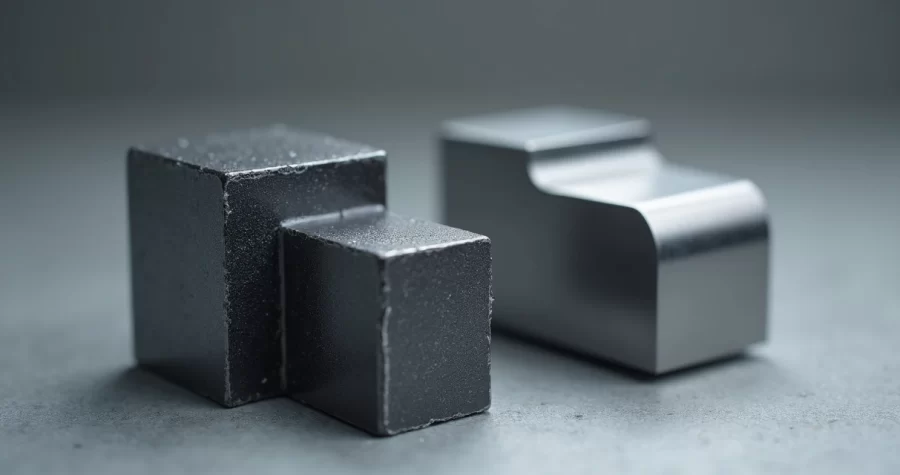 Peças industriais feitas em carbeto de tungstênio e aço especial lado a lado em fundo neutro