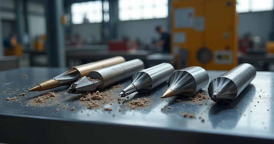 Ferramentas industriais danificadas mostrando desgaste e rachaduras em uma bancada de metal