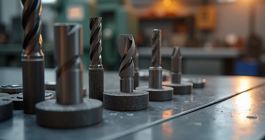 Ferramentas industriais de corte feitas com materiais resistentes como carbeto de tungstênio e aço especial sobre mesa metálica